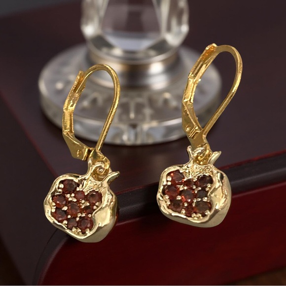 Gold Pomegranate Earrings with Red Crystal Accents - Picture 2 of 10